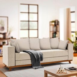 Sofá Moderno Pés Em Madeira Maciça 4 Lugares Linho Bege Muniz Cromos - 1