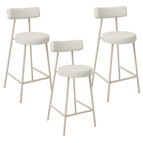 Kit 03 Banquetas Baixa Cozinha Sala Jantar Bancada Milão Arena L02 Linho Champagne - lyam decor
