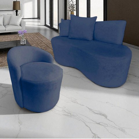 Kit Namoradeira + Poltrona Yara Orgânica Veludo Azul Marinho