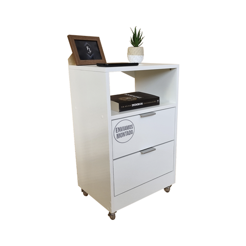 Mesa de Cabeceira 40cm Branco 2 Gavetas 1 Nicho com Rodinhas Quarto Cama (montada) (puxador Prata)