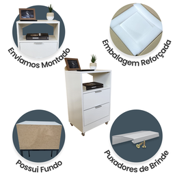 Mesa de Cabeceira 40cm Branco 2 Gavetas 1 Nicho com Rodinhas Quarto Cama (montada) (puxador Prata) - 4