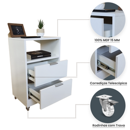 Mesa de Cabeceira 40cm Branco 2 Gavetas 1 Nicho com Rodinhas Quarto Cama (montada) (puxador Prata) - 3
