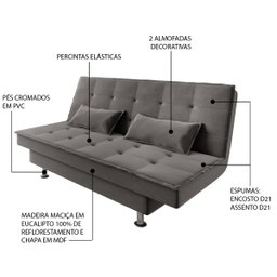 Sofá Cama 3 Lugares 1,84m Andradas Veludo Suede Cinza Mamflex - 6