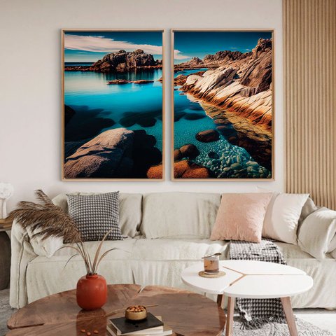 Quadro Decorativo Oceano em Águas Claras em 2 Telas Canvas Tacolado Moldura Flutuante 4,5cm Branca 8