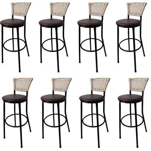 Kit 8 Banquetas Bistrô Aço Junco Marfim Assento Marrom