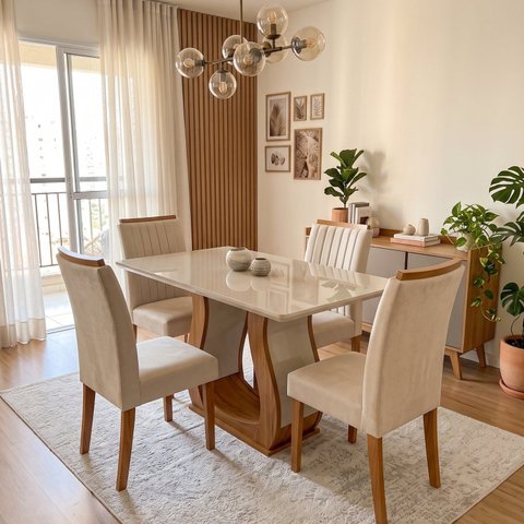 Conjunto Mesa de Jantar com 4 Cadeiras Estofadas e Tampo de Vidro 120x80x80cm Bege/Mel