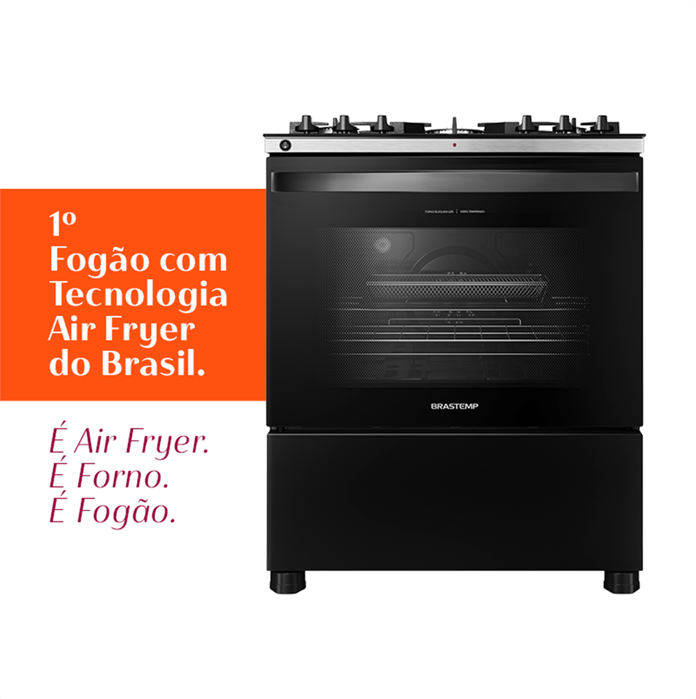 Fogão Brastemp 5 Bocas Preto com Mesa de Vidro, Função Air Fryer e Turbo Chama - Bfs5lae 110v - 5