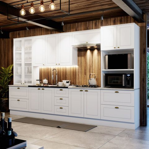 Cozinha Completa 7 Peças 100% MDF 12 Portas 7 Gavetas com Torre Quente e Cristaleira Americana Henn
