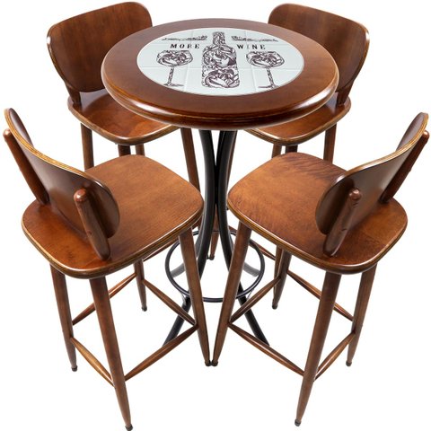 Cj Mesa Madeira Azulejo 60cm - Bistrô Fixa 98cm + 4 Banquetas 73 - Natural - More Wine
