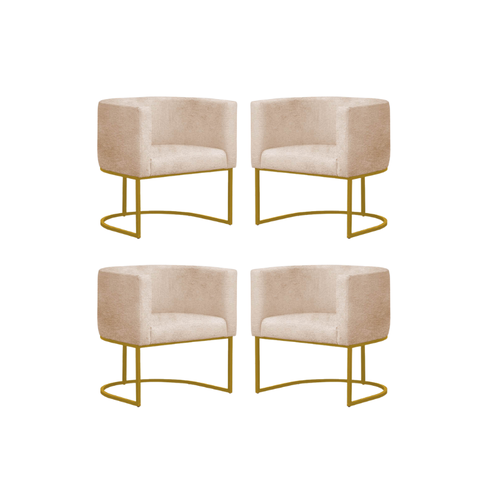 Kit 4 Poltronas Reforçada Decorativa Sala Estar Jantar Gabriela Base Ferro Dourado Suede Bege