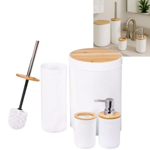 Kit Banheiro Luxo Conjunto Completo 4 Pçs Bambú com Lixeira