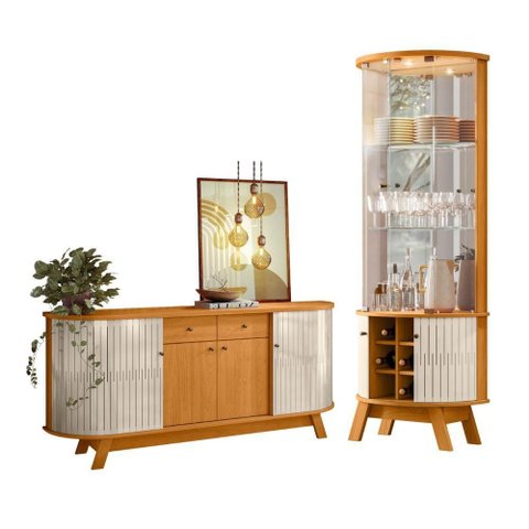 Conjunto de Buffet e Cristaleira Luca 4 Portas 3 Prateleiras MDP 67cm Cinamomo Off White Madetec
