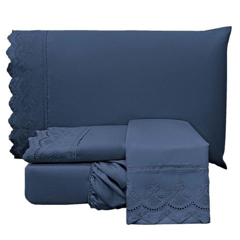 Jogo Cama Lençol Casa Scarpa Loren Queen Bordado Inglês Micro Percal 300 Fios 4 Peças - Azul