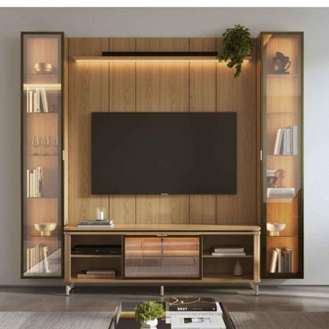 Estante para TV até 75 Polegadas com 2 Cristaleiras Vidro Reflecta 100% MDF com LED Lincoln Float