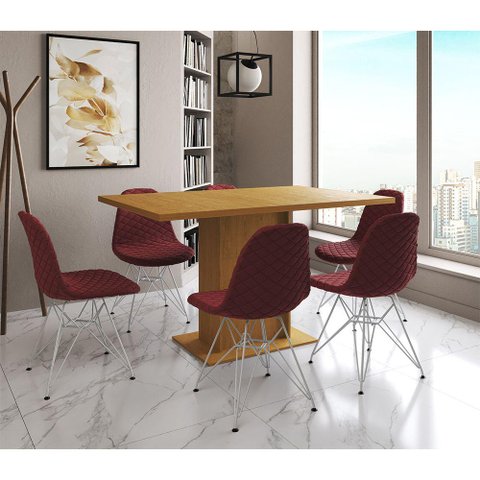 Mesa Jantar Londres Retangular Canela 137x90cm 6 Cadeiras Estofadas Vermelho Ferro Branco