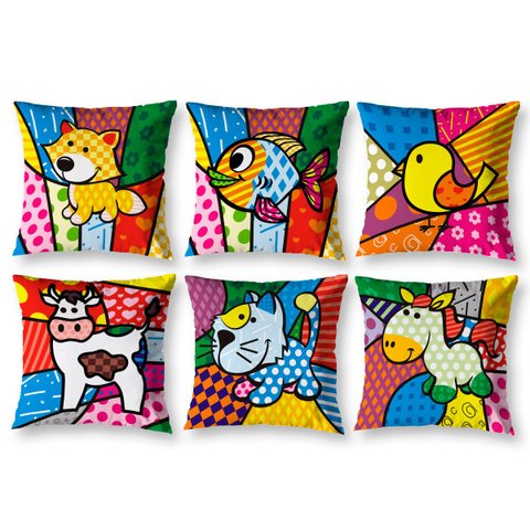 Kit 6 Almofadas Cheias 40cm X 40cm Decorativas Estampadas Digital Sala Sofá Quarto Pop Bicho