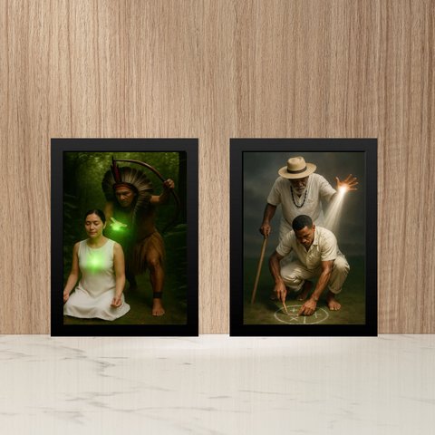 Kit 2 Quadros Umbanda - Entidades e Médiuns 45x34cm:moldura Branca