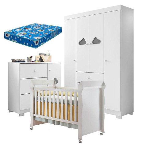 Quarto de Bebê Ane com Berço Americano Mirelle Branco Brilho e Colchão Ortobom - Phoenix Baby
