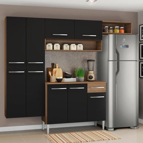 Cozinha Completa Madesa Emilly Fit com Armário, Balcão e Paneleiro Suspenso Rustic/Preto Cor:Rustic/