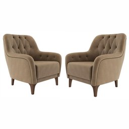 02 Poltronas Decorativas em Veludo Bege com Tachas e Pés de Madeira Maciça Shaula Harmônica Mó - 1