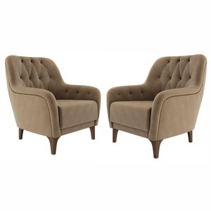 02 Poltronas Decorativas em Veludo Bege com Tachas e Pés de Madeira Maciça Shaula Harmônica Mó