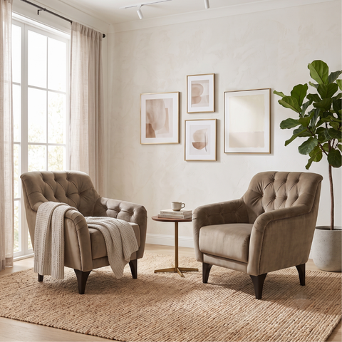 02 Poltronas Decorativas em Veludo Bege com Tachas e Pés de Madeira Maciça Shaula Harmônica Mó