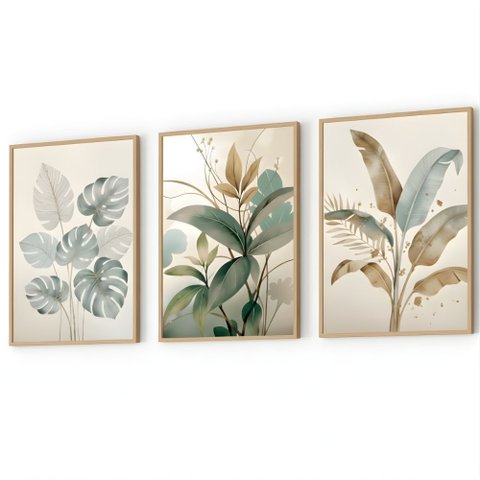 Kit 3 Quadros Folhagem Costela de Adão Botânico com Moldura:castanho