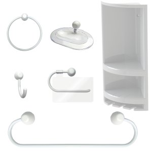 Suporte de Canto Cantoneira Porta Shampoo Branco + Kit para Banheiro Redondo 5 Pçs Branco