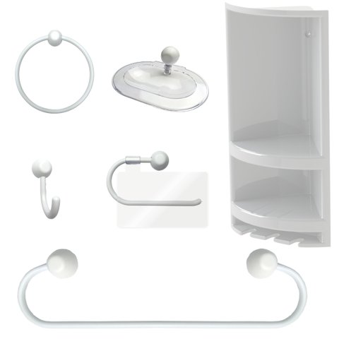 Suporte de Canto Cantoneira Porta Shampoo Branco + Kit para Banheiro Redondo 5 Pçs Branco
