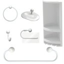 Ver imagem 1 de Suporte de Canto Cantoneira Porta Shampoo Branco + Kit para Banheiro Redondo 5 Pçs Branco