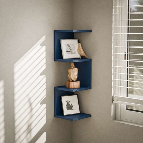Prateleira de Canto Lyra 3 Nichos Decorativos Azul para Sala Quarto Livros