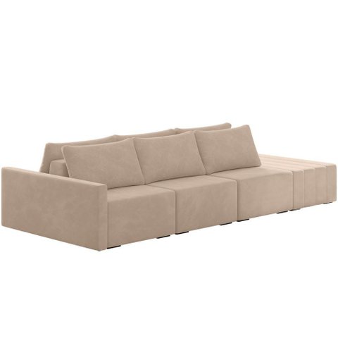 Sofá Ilha Modular para Sala 342cm com Puff Dublin K01 Veludo Bege - Lyam Decor