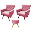 Ver imagem 1 de Kit 2 Poltronas Decorativa Aurora + 1 Puff Redondo Suede Rosa Pés Madeira Ms Decor