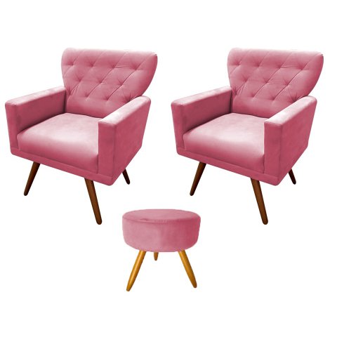 Kit 2 Poltronas Decorativa Aurora + 1 Puff Redondo Suede Rosa Pés Madeira Ms Decor