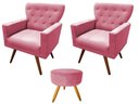 Ver imagem 1 de Kit 2 Poltronas Decorativa Aurora + 1 Puff Redondo Suede Rosa Pés Madeira Ms Decor