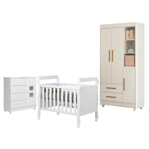 Guarda Roupa Flocos com Cômoda Life Berço Americano Soninho Branco Acetinado - Tigus