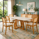 Ver imagem 1 de Mesa Jantar com 6 Cadeiras Madeira Maciça Linho Bege 160cm com Tampo de Vidro e MDF Moderna