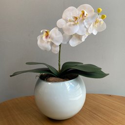 Orquídea Branca Artificial Arranjo no Vaso Branco Flores Permanentes Decore Fácil Shop - 1