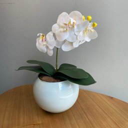 Orquídea Branca Artificial Arranjo no Vaso Branco Flores Permanentes Decore Fácil Shop - 4