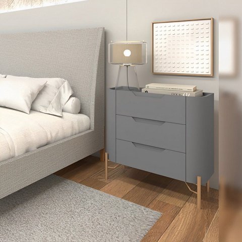 Mesa de Cabeceira 70cm com 3 Gavetas e Pés em Metal Estrutura 100% MDF Bend Cinza