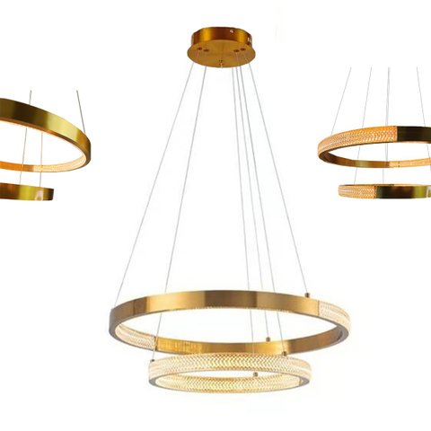 Lustre Pendente Aneis Arco Dourado Cristal Luminaria Led 52W Luxo Casa Sala de Estar Sala de Jantar 