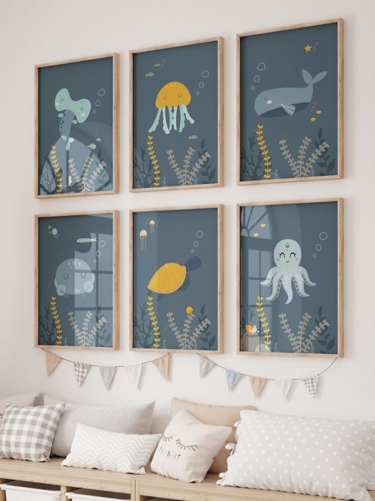 Kit 6 Quadros Decorativos Infantil Animais Fundo Oceano No2