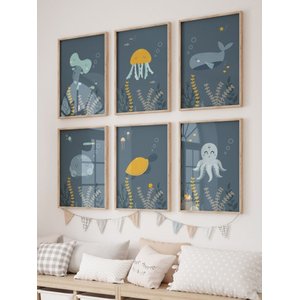 Kit 6 Quadros Decorativos Infantil Animais Fundo Oceano No2