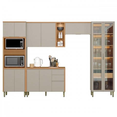 Cozinha Completa Allure 12 Portas 4 Gavetas 100% Mdf com Vidro Jequitibá/gris - Linea Brasil
