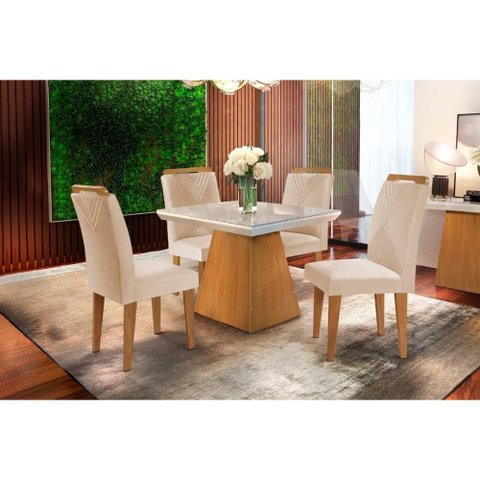 Sala de Jantar Completa Luna C/ Tampo Madeirado Vidro Canto Curvo 90x90cm e 4 Cadeiras Amsterdã