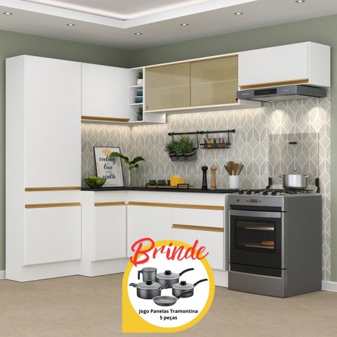 Armário Cozinha Completa Canto Veneza Mp2087 Multimóveis Branco + Brinde Jogo de Panelas Tramontina