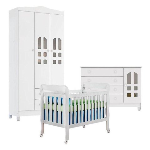 Quarto de Bebê New Selena 3 Portas com Berço Lila e Cômoda Gran Selena Branco Brilho – Carolina