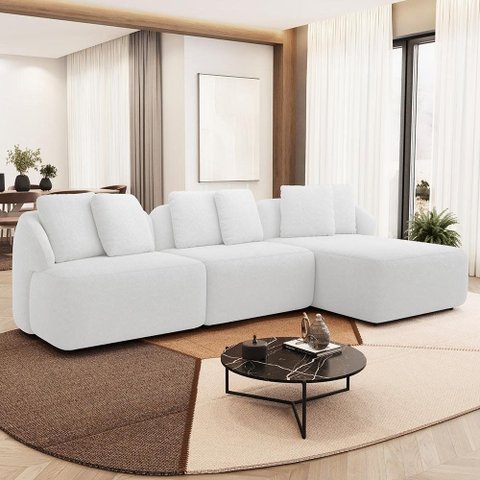 Sofá 3 Lugares com Chaise Direito Sala Living 248cm Arlo F04 Bouclê Off White - Lyam Decor
