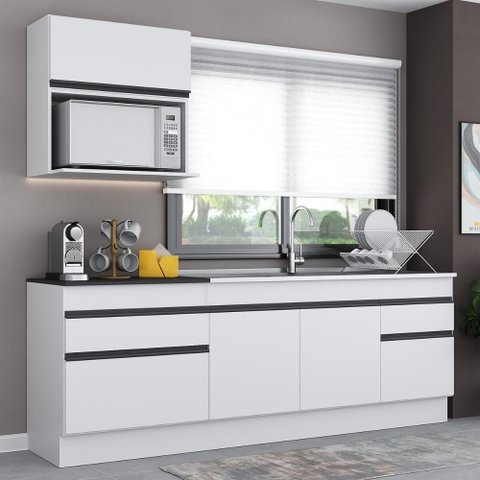 Cozinha Compacta Armário Balcão e Rodapé FL2110 Veneza Multi Branco/Preto