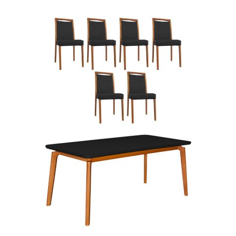 Mesa Jantar Luxo Jade 160x90cm Preto com 6 Cadeiras Estofadas em Couro Pu Preta Base Madeira Maciça
